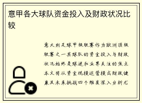 意甲各大球队资金投入及财政状况比较