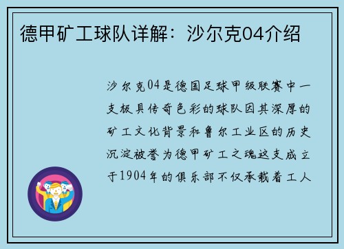 德甲矿工球队详解：沙尔克04介绍